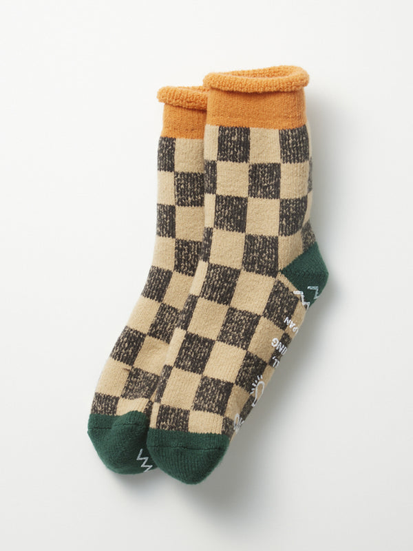 Rototo Checkerboard Room Socks in Orange Green