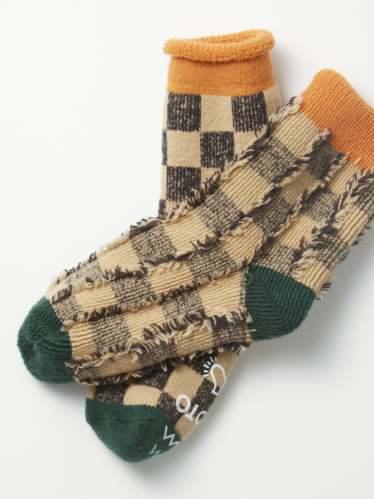 Rototo Checkerboard Room Socks in Orange Green