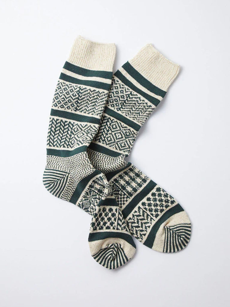 Rototo Jacquard Crew Socks in Ivory Dark Green