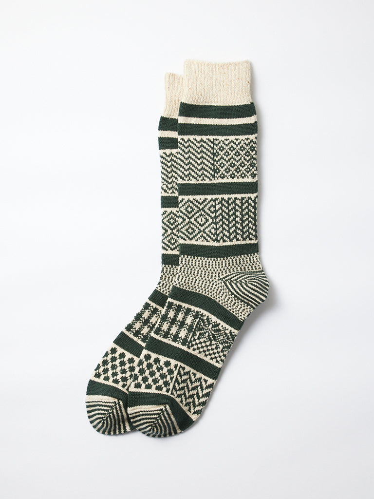 Rototo Jacquard Crew Socks in Ivory Dark Green