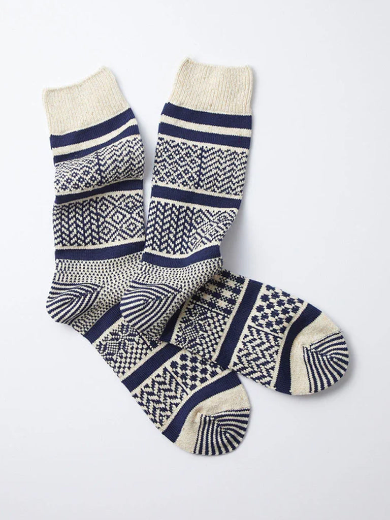 Rototo Jacquard Crew Socks in Ivory Navy