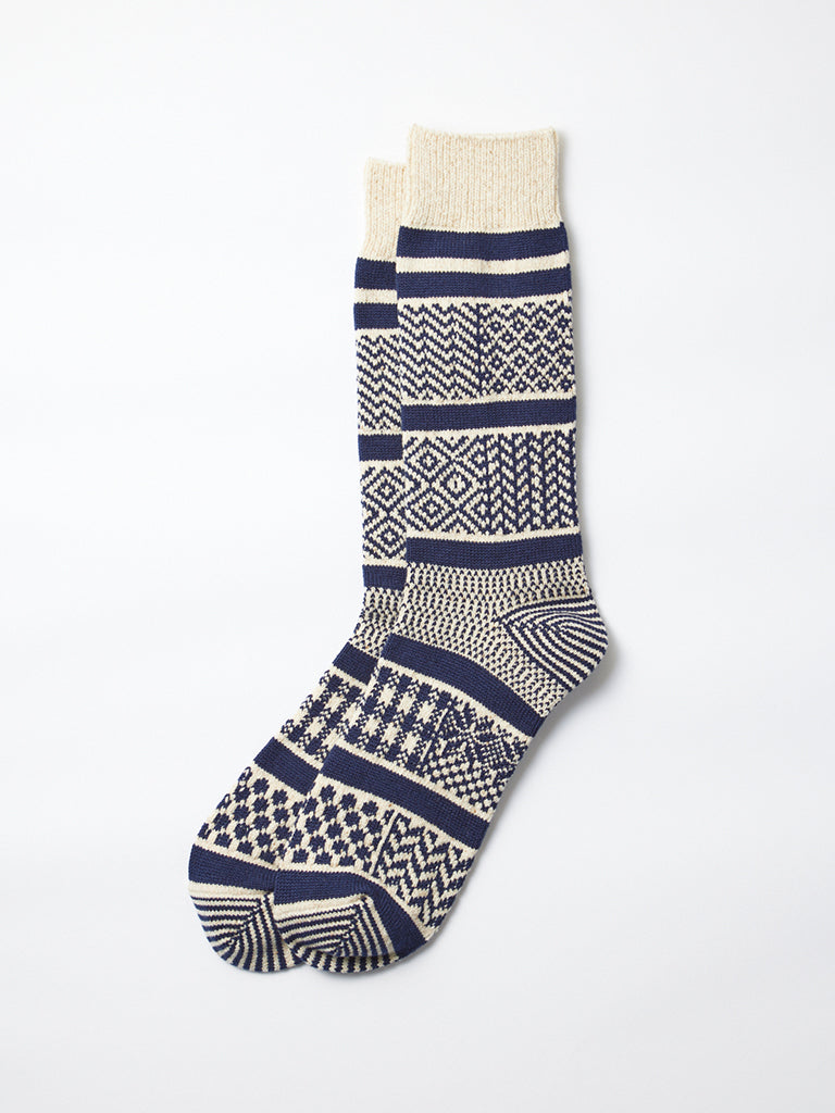 Rototo Jacquard Crew Socks in Ivory Navy