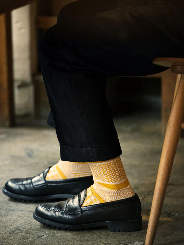 Rototo Jacquard Crew Socks in Ivory Yellow