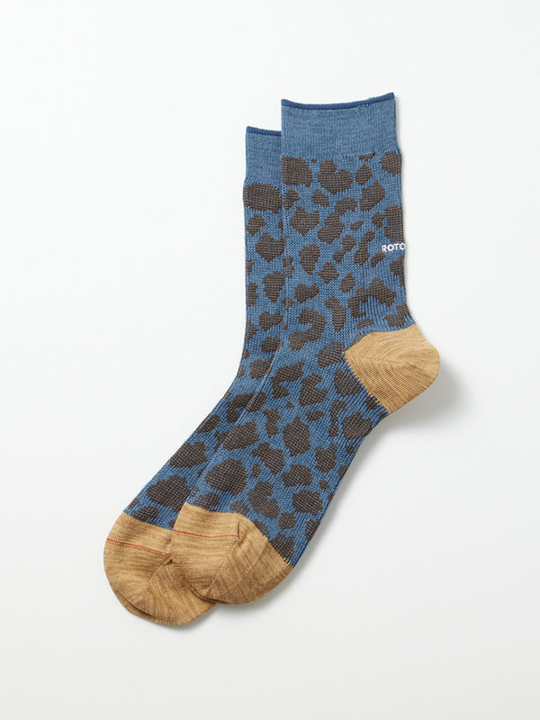 Rototo Leopard Crew Socks in Light Blue