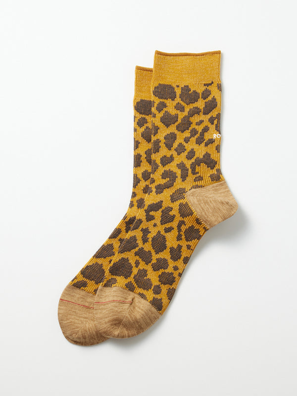 Rototo Leopard Crew Socks in Yellow