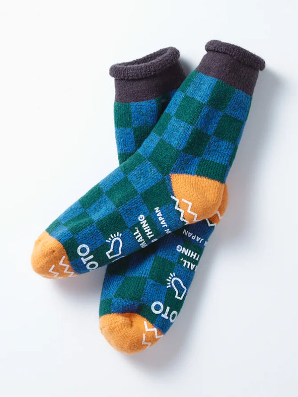 Rototo Checkerboard Room Socks in Charcoal Orange