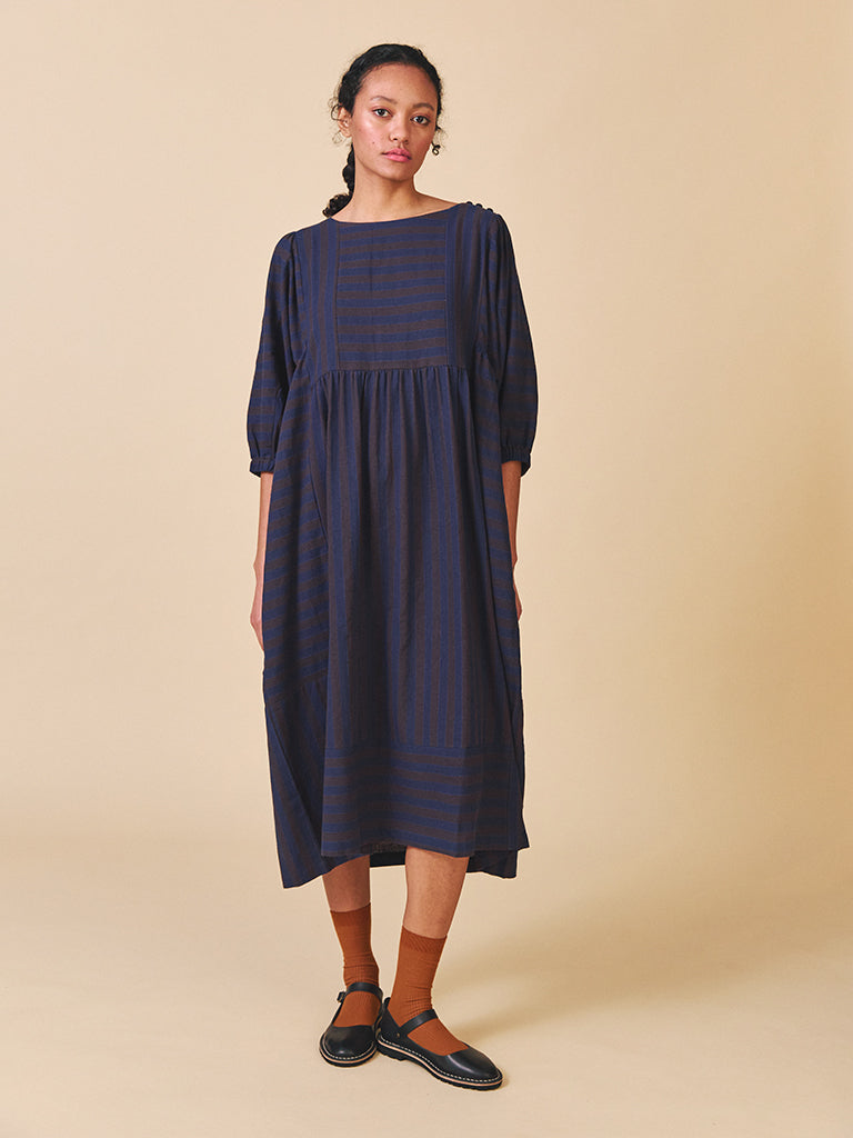 Sideline Betsy Dress in Navy Brown Stripe
