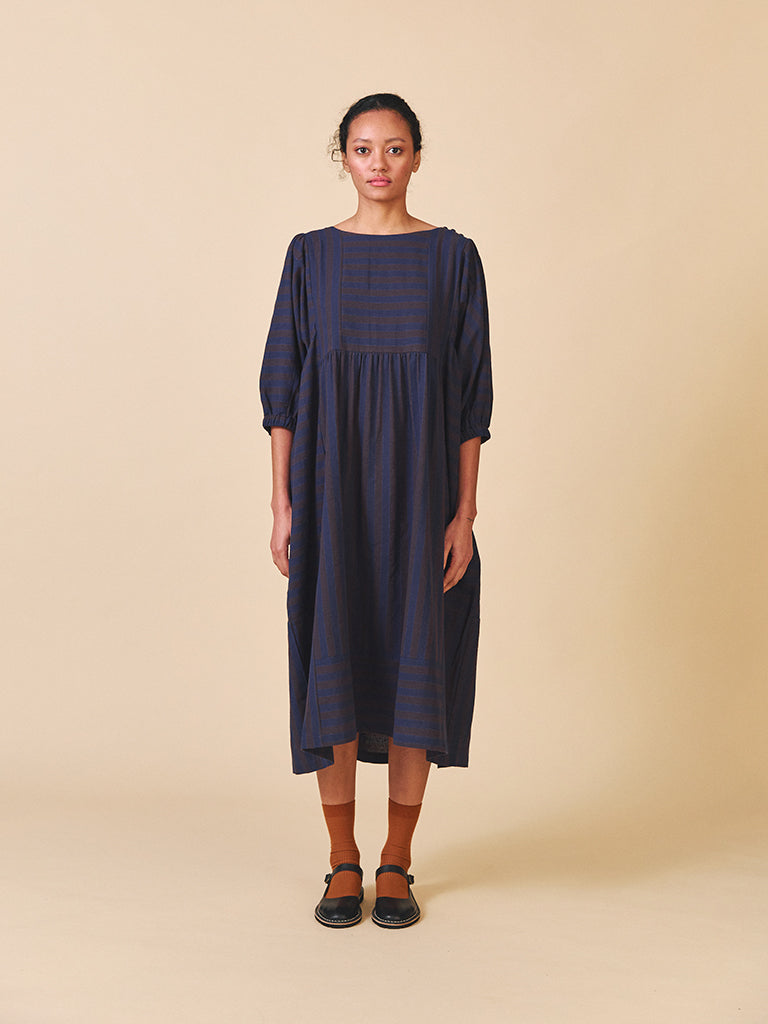 Sideline Betsy Dress in Navy Brown Stripe