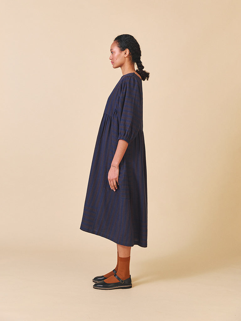 Sideline Betsy Dress in Navy Brown Stripe