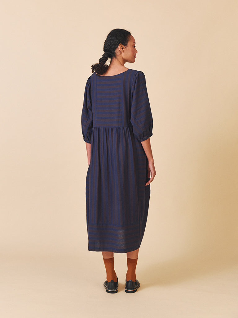 Sideline Betsy Dress in Navy Brown Stripe
