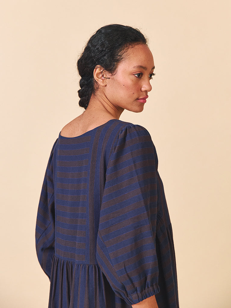 Sideline Betsy Dress in Navy Brown Stripe