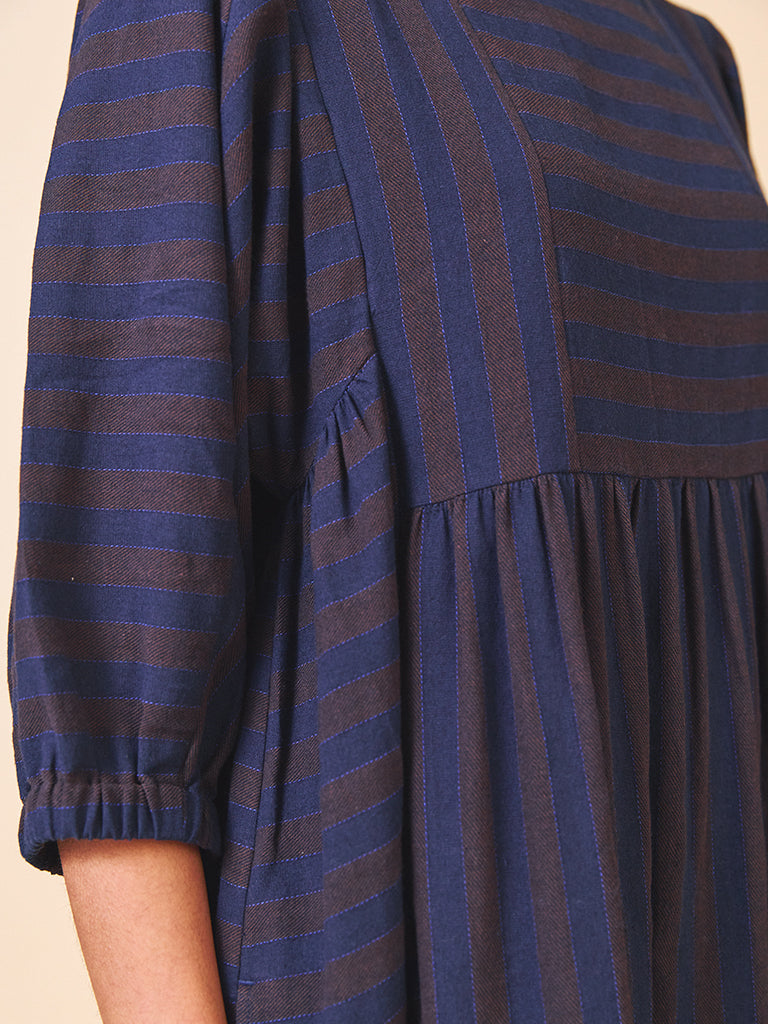 Sideline Betsy Dress in Navy Brown Stripe