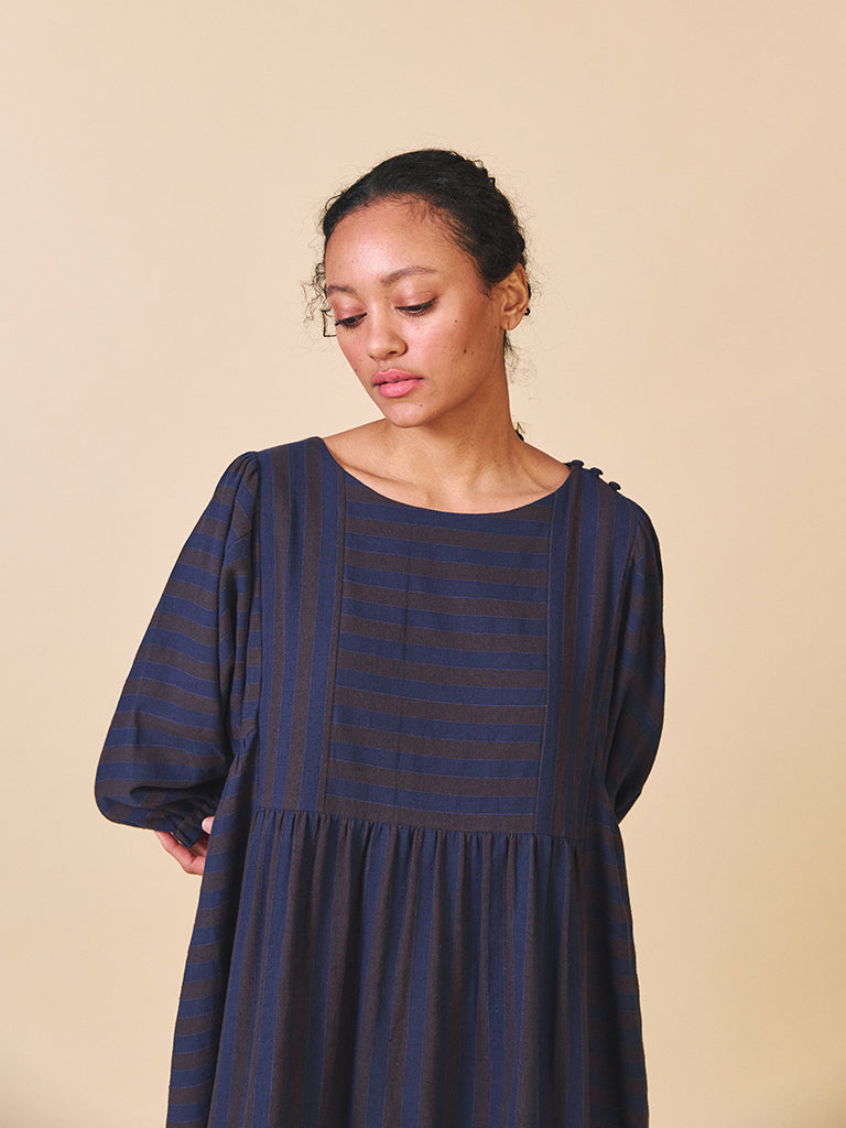Sideline Betsy Dress in Navy Brown Stripe