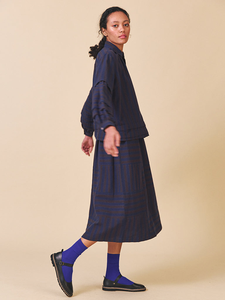 Sideline Sky Skirt in Navy Brown Stripe