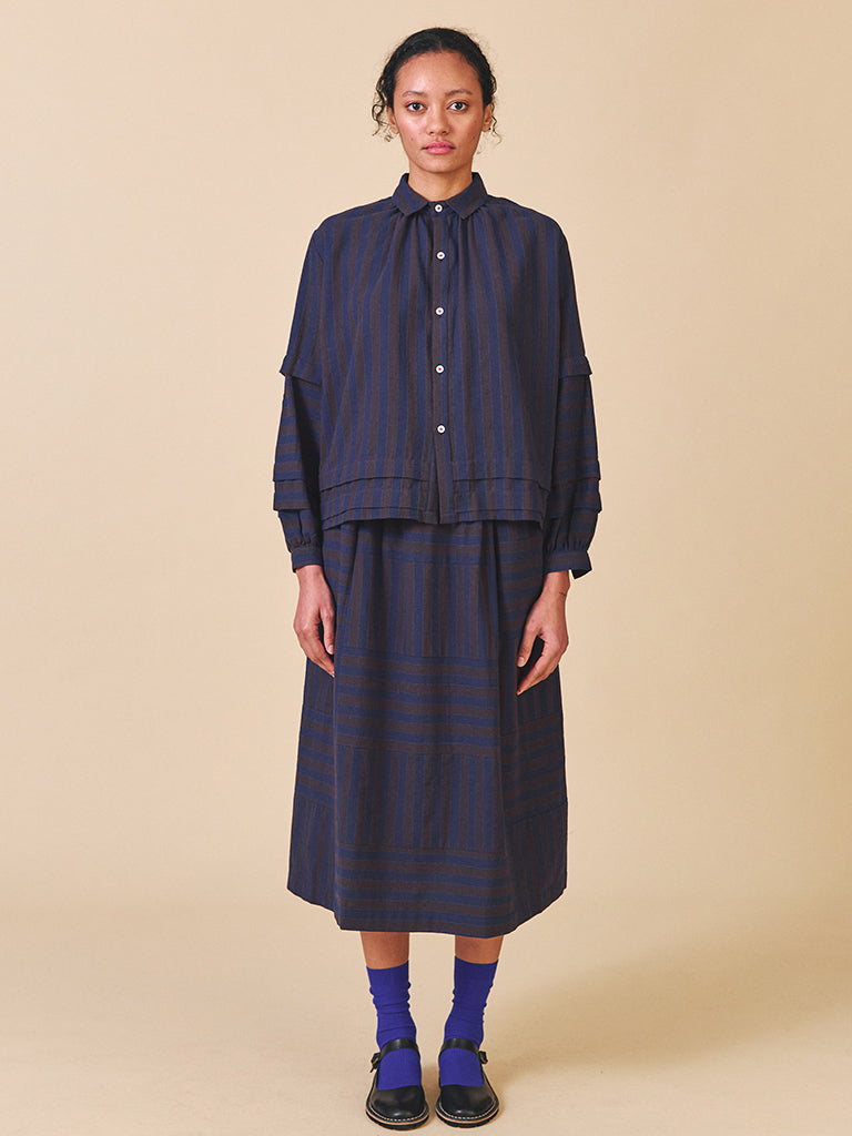 Sideline Sky Skirt in Navy Brown Stripe