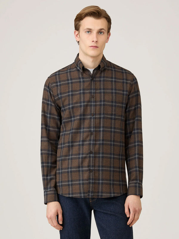 Sunspel Brushed Flannel Shirt in Bark Check