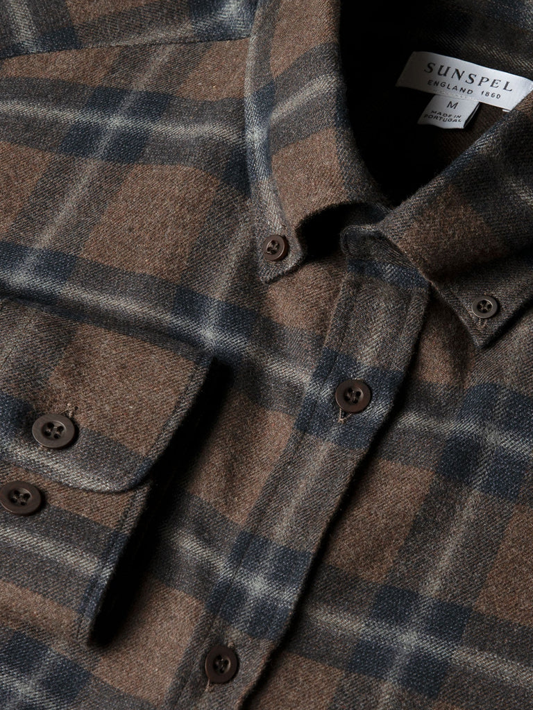 Sunspel Brushed Flannel Shirt in Bark Check