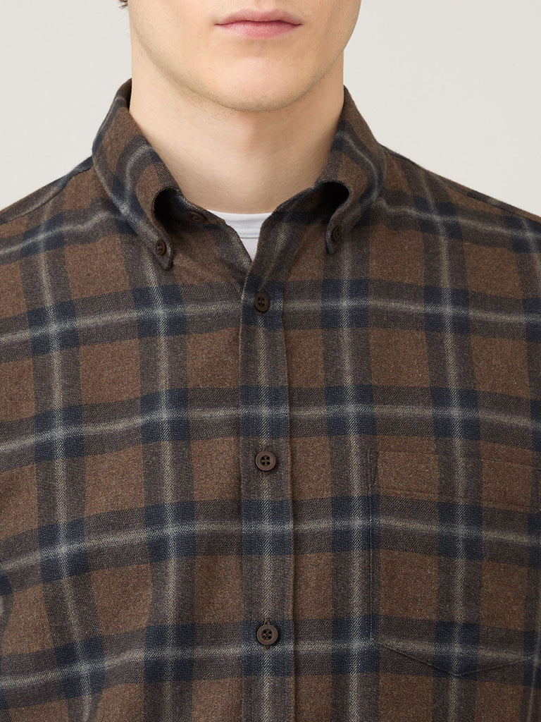 Sunspel Brushed Flannel Shirt in Bark Check