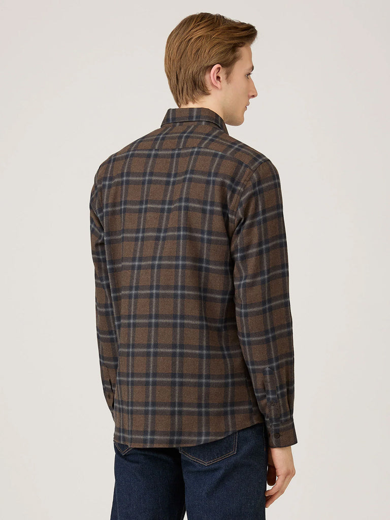Sunspel Brushed Flannel Shirt in Bark Check