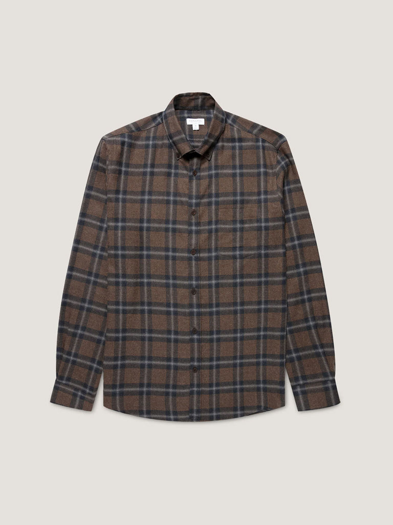 Sunspel Brushed Flannel Shirt in Bark Check