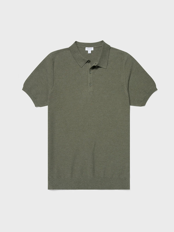 Sunspel Fine Texture Polo Shirt in Khaki