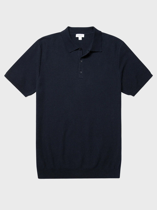Sunspel Fine Texture Polo Shirt in Navy