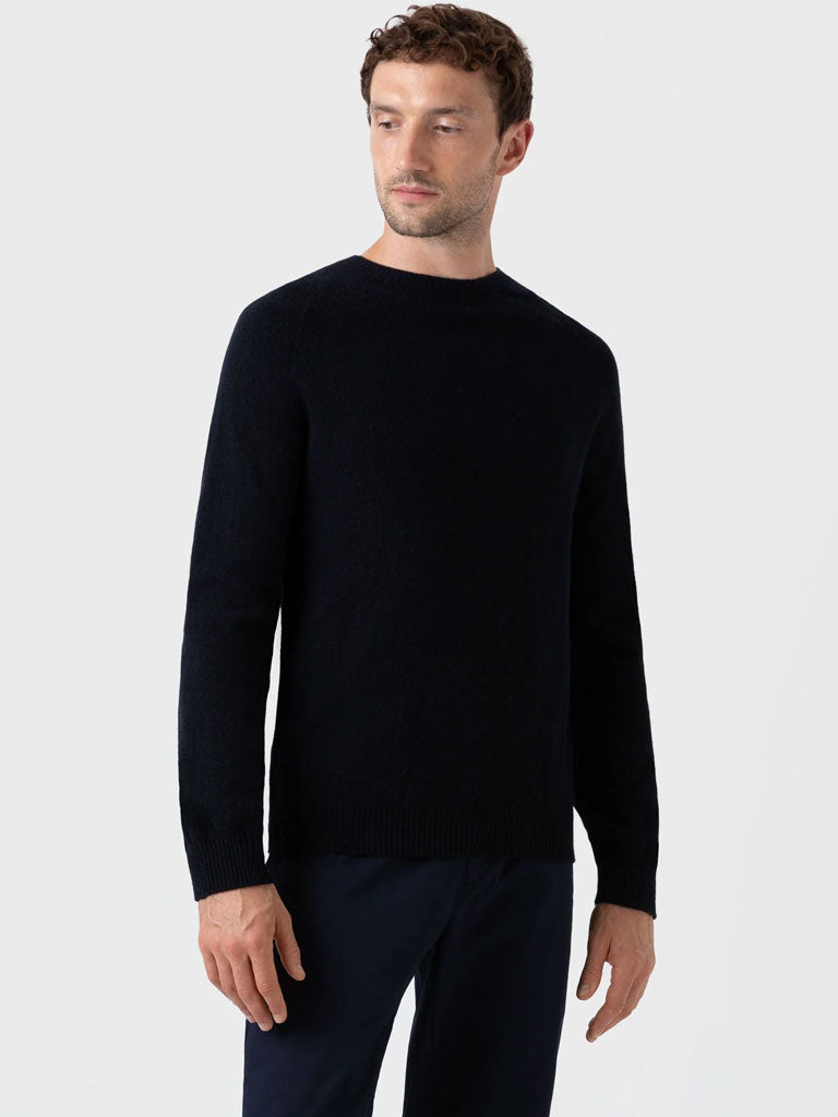 Sunspel Lambswool Crew Neck in Dark Navy Mouline