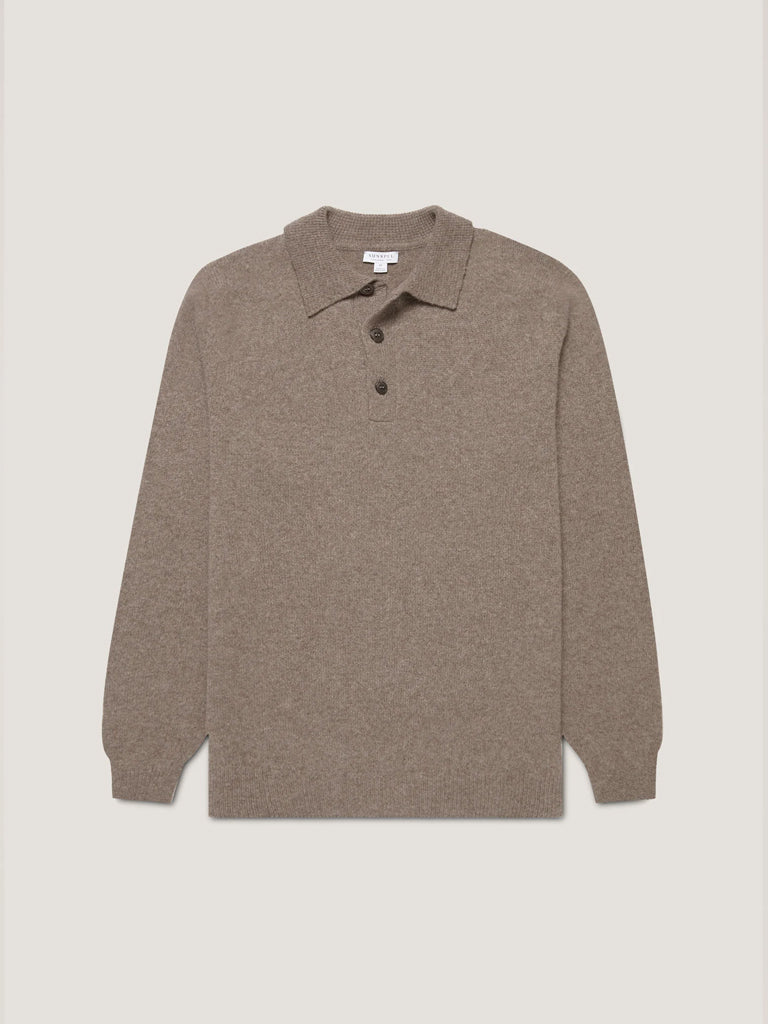 Sunspel Lambswool Polo in Bark