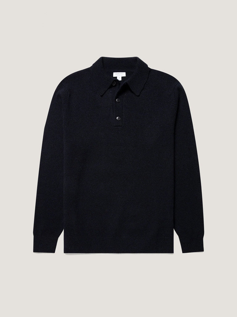 Sunspel Lambswool Polo in Dark Navy
