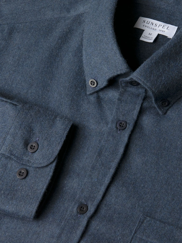 Sunspel Brushed Flannel Shirt in Selvedge Blue