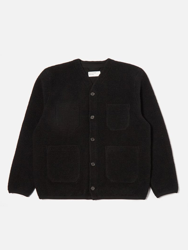 Universal Works Fleece Cardigan in Black
