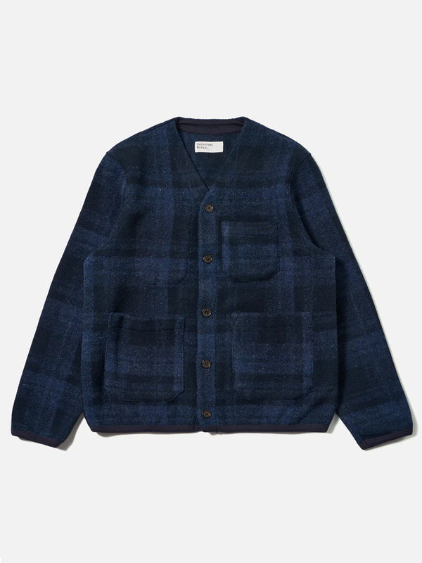 Universal Works Check Fleece Cardigan in Navy