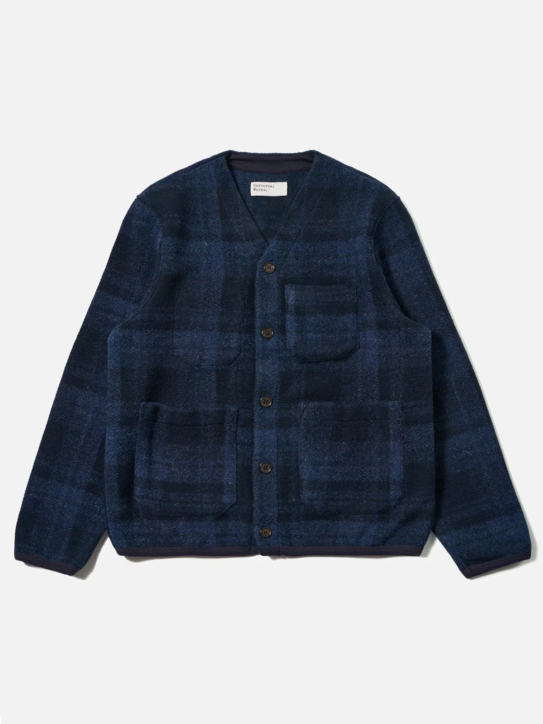 Universal Works Check Fleece Cardigan in Navy