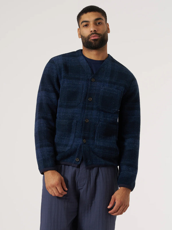 Universal Works Check Fleece Cardigan in Navy