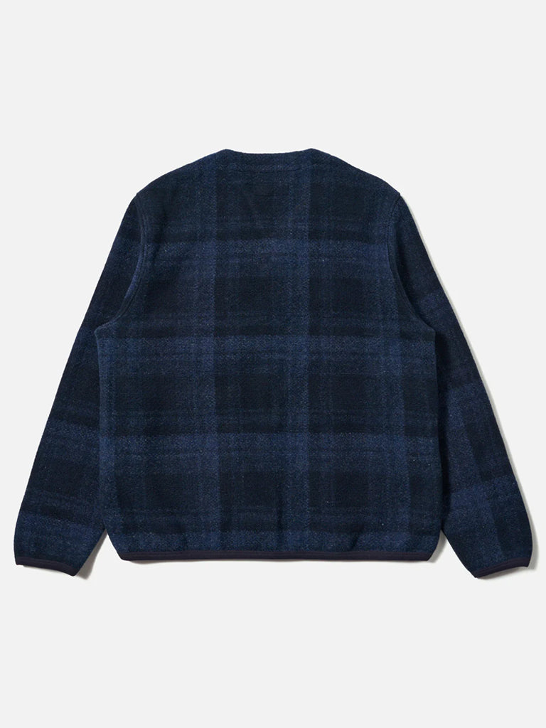 Universal Works Check Fleece Cardigan in Navy