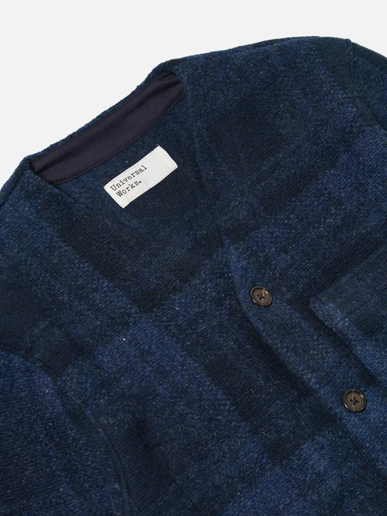 Universal Works Check Fleece Cardigan in Navy