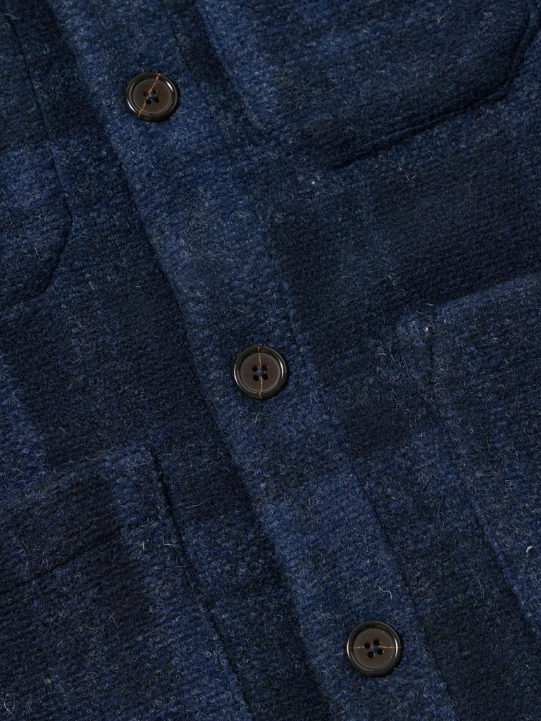 Universal Works Check Fleece Cardigan in Navy