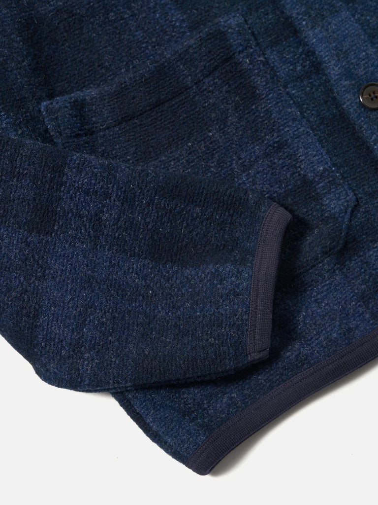 Universal Works Check Fleece Cardigan in Navy