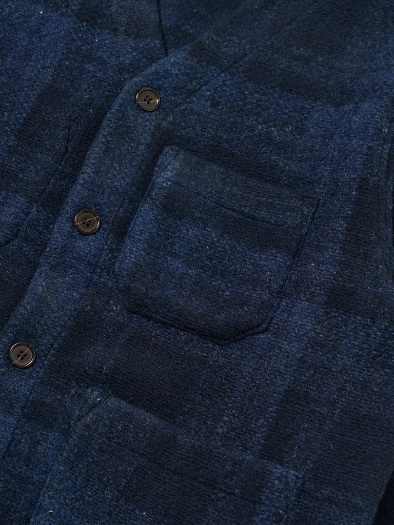 Universal Works Check Fleece Cardigan in Navy