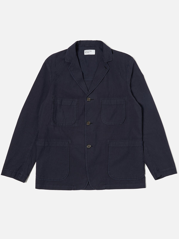 Universal Works Five Pocket Jacket in Navy Seersucker