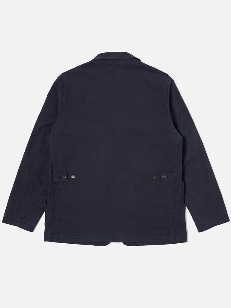 Universal Works Five Pocket Jacket in Navy Seersucker