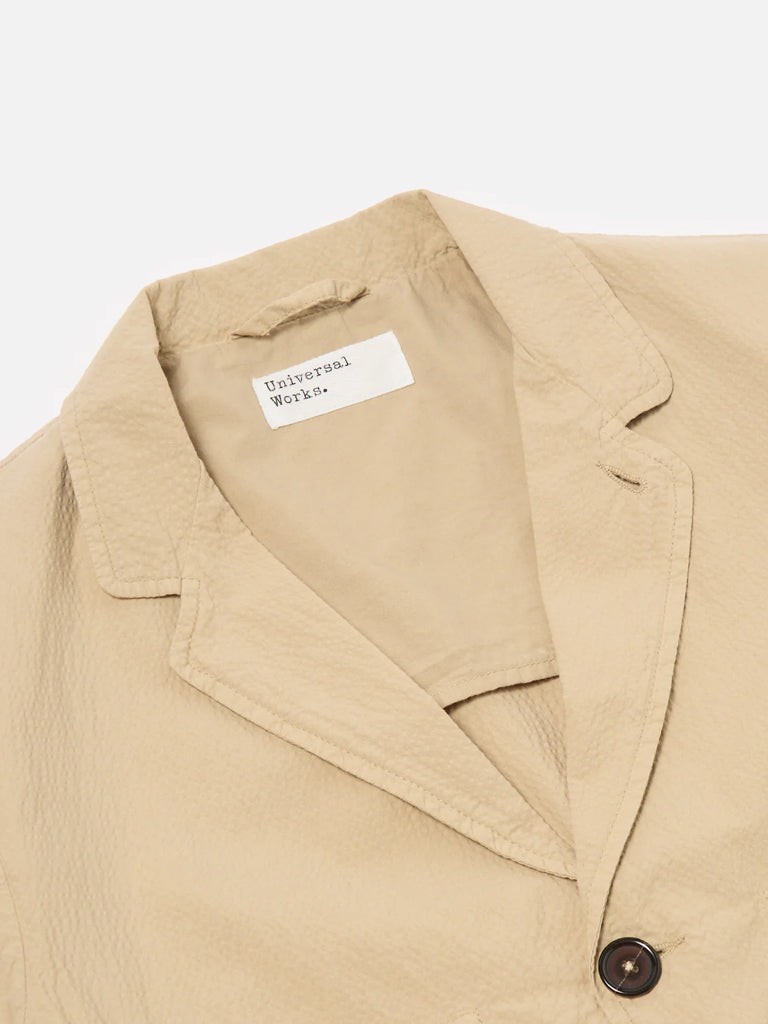 Universal Works Five Pocket Jacket in Sand Seersucker