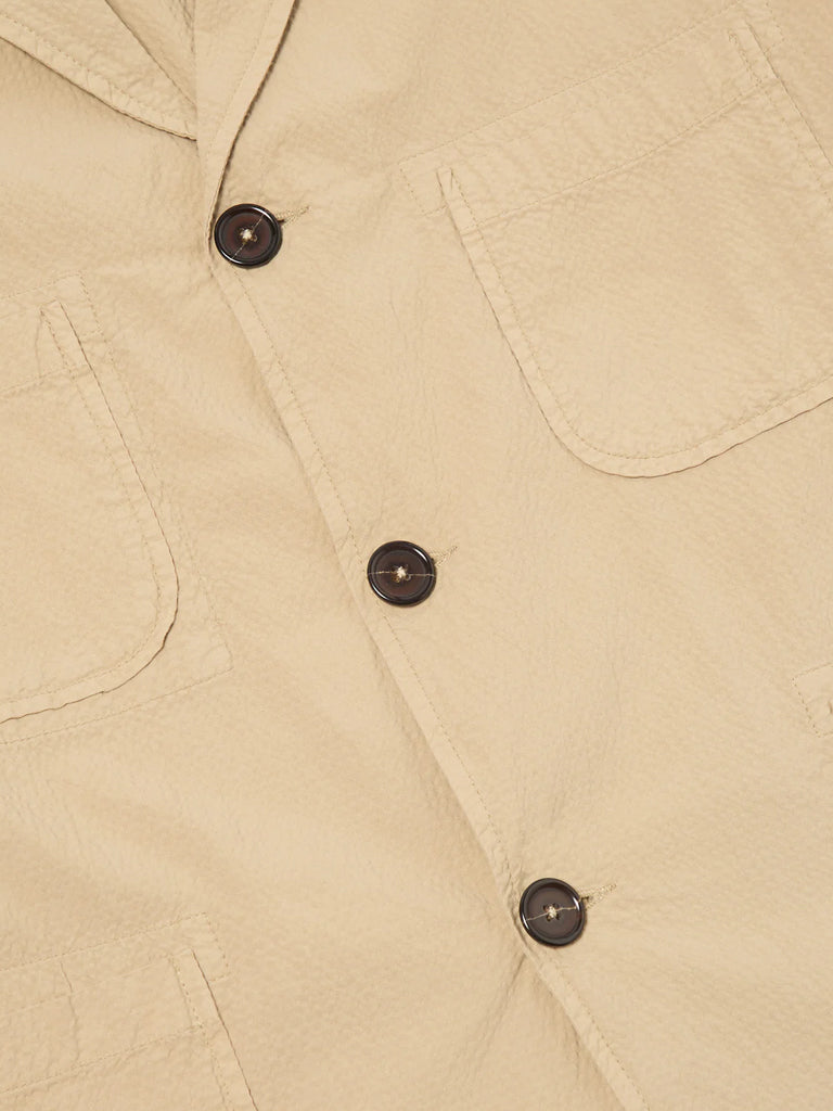 Universal Works Five Pocket Jacket in Sand Seersucker