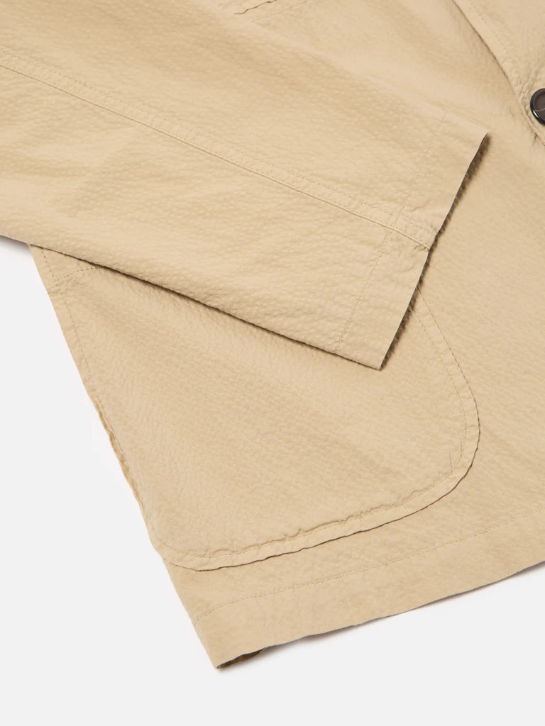 Universal Works Five Pocket Jacket in Sand Seersucker