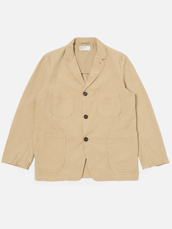 Universal Works Five Pocket Jacket in Sand Seersucker