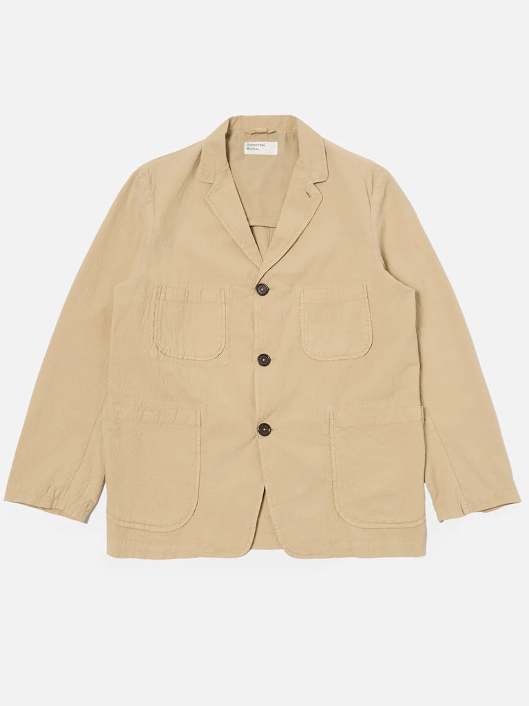 Universal Works Five Pocket Jacket in Sand Seersucker