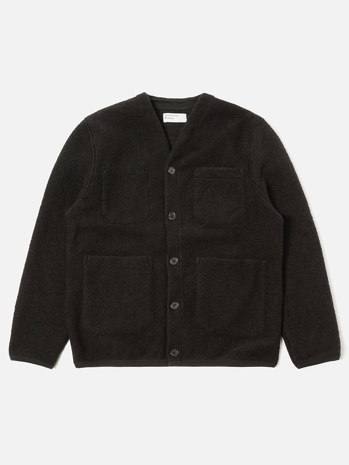 Universal Works Fleece Cardigan in Black Maze