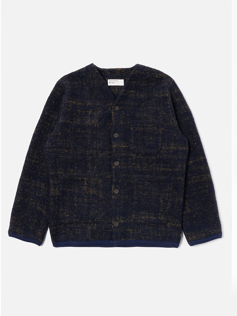 Universal Works Marble Fleece Cardigan in Navy