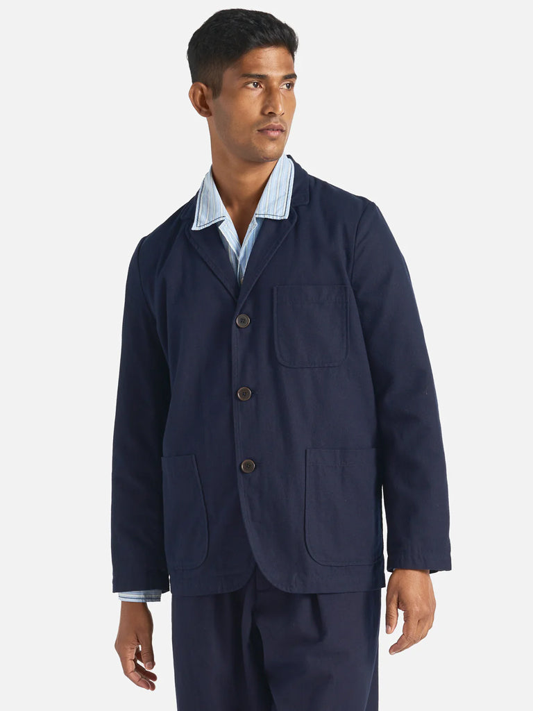 Universal Works Moleskin Three Button Jacket in Navy