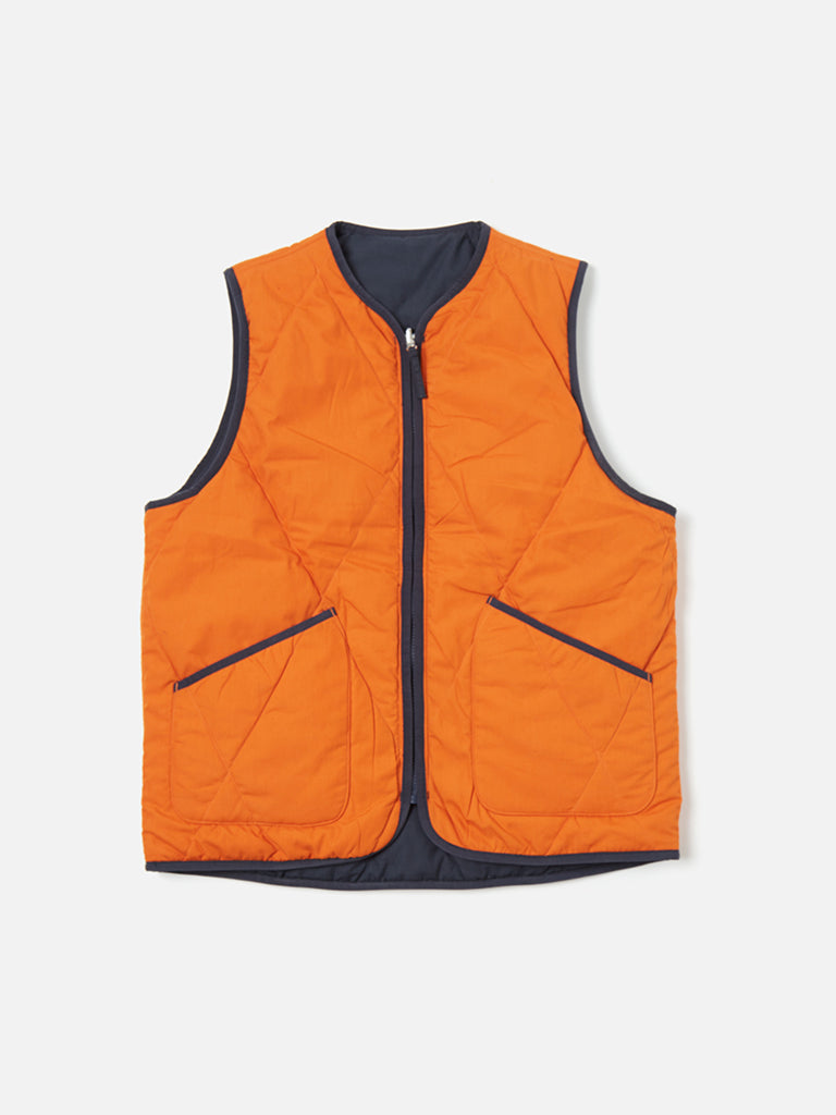 Universal Works Reversible Liner Gilet in Navy Orange Maze